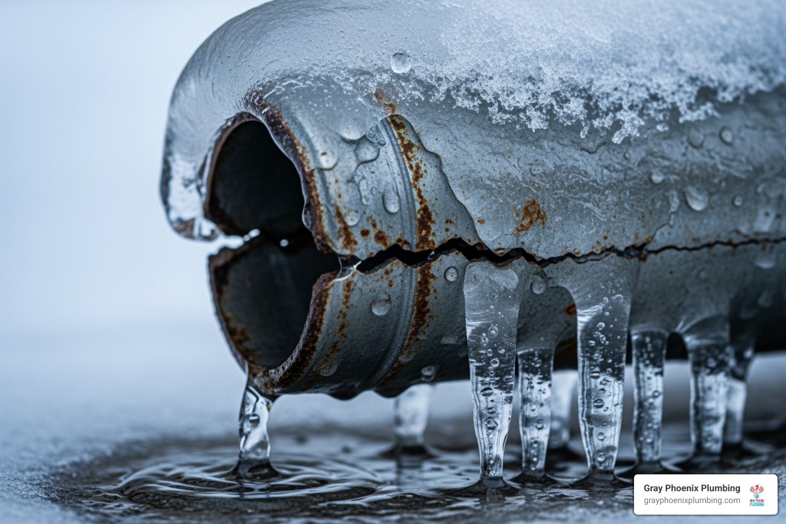 Image of a frozen pipe with a small crack - denver plumbing repair services Image of a frozen pipe with a small crack - denver plumbing repair services