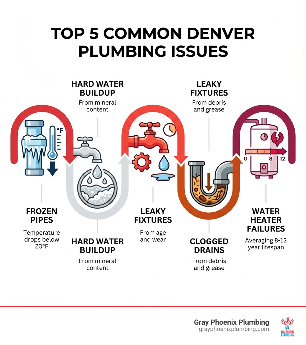 Infographic showing the top 5 most common plumbing issues Denver homeowners face: frozen pipes with temperature drops below 20°F, hard water buildup from mineral content, leaky fixtures from age and wear, clogged drains from debris and grease, and water heater failures averaging 8-12 year lifespan - denver plumbing repair services infographic Infographic showing the top 5 most common plumbing issues Denver homeowners face: frozen pipes with temperature drops below 20°F, hard water buildup from mineral content, leaky fixtures from age and wear, clogged drains from debris and grease, and water heater failures averaging 8-12 year lifespan - denver plumbing repair services infographic