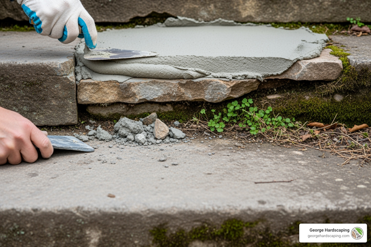 gloved hand applying fresh mortar with a trowel to the base before re-setting a loose stone tread - repair broken stone steps gloved hand applying fresh mortar with a trowel to the base before re-setting a loose stone tread - repair broken stone steps