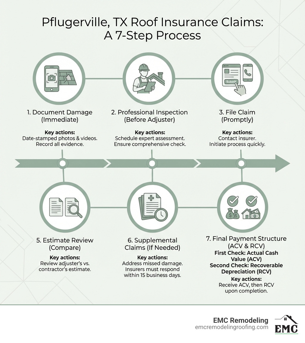 infographic showing the 7-step roof insurance claims process in pflugerville tx, including documentation, professional inspection, filing claim, adjuster meeting, estimate review, supplemental claims, and final payment structure with timeline and key actions for each step - roof insurance claims in pflugerville tx infographic 