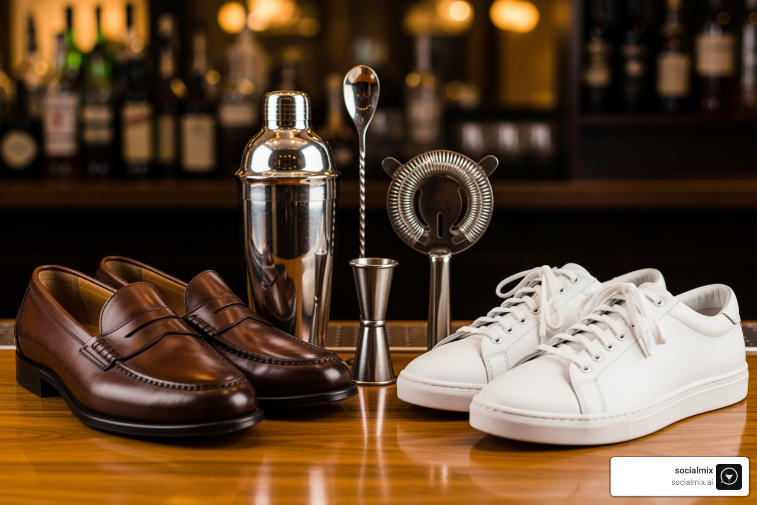 Stylish leather loafers and minimalist white sneakers side-by-side on a bar counter with cocktail mixing tools - Casual chic men