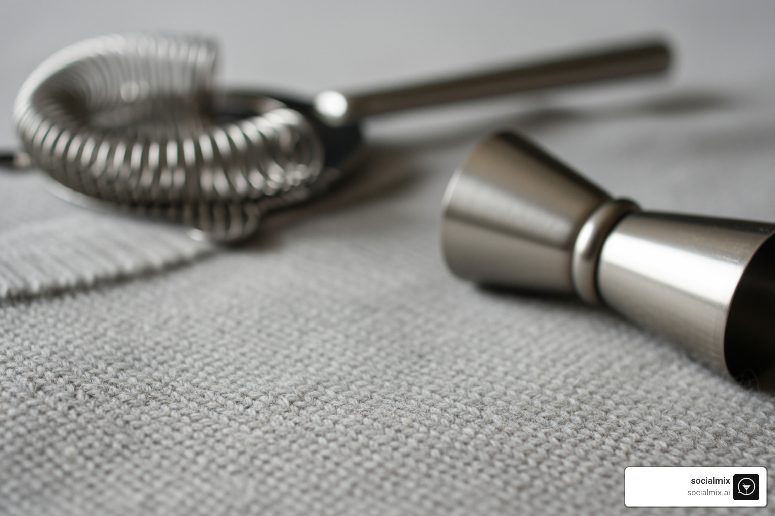 A close-up on the texture of a high-quality cashmere sweater, with a premium cocktail strainer and jigger in the background - Casual chic men