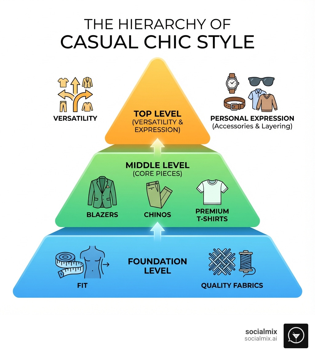Infographic showing the hierarchy of casual chic style: Foundation level includes Fit and Quality Fabrics; Middle level shows Core Pieces like blazers, chinos, and premium t-shirts; Top level displays Versatility and Personal Expression through accessories and layering - Casual chic men infographic 