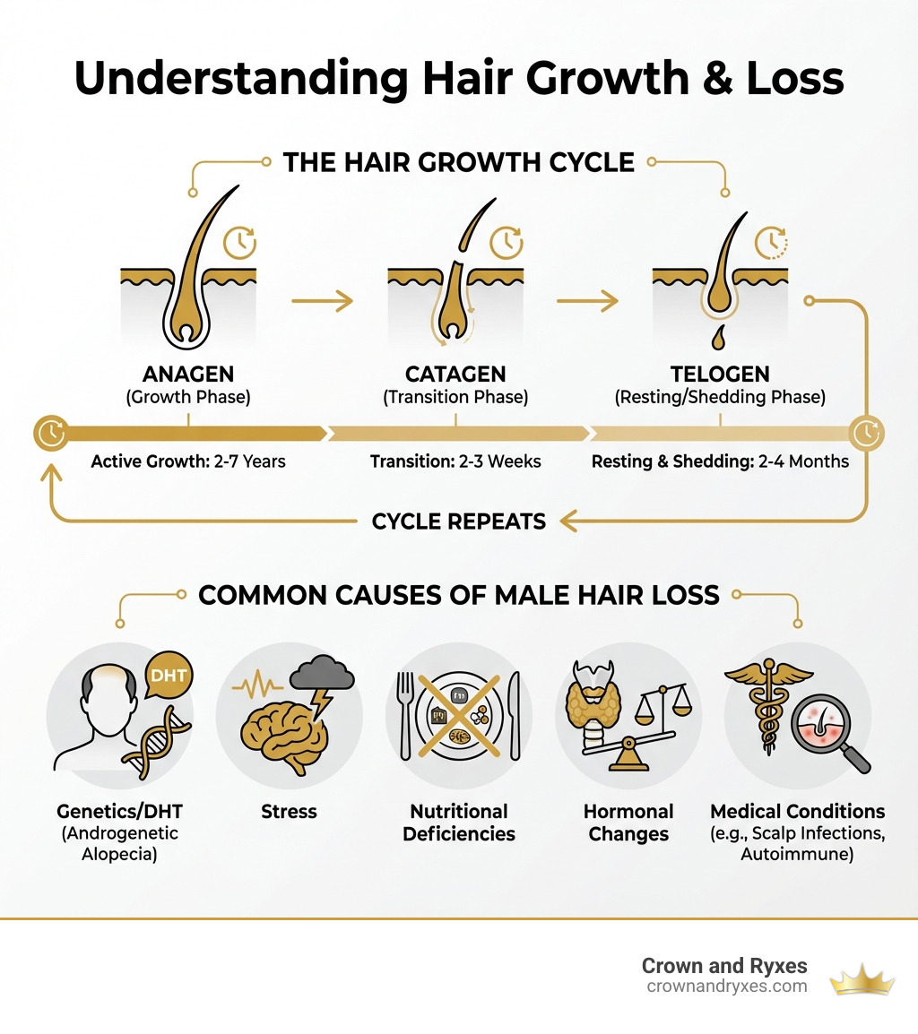 Infographic showing the hair growth cycle (anagen, catagen, telogen phases) with timeline, and common causes of male hair loss including genetics/DHT, stress, nutritional deficiencies, hormonal changes, and medical conditions - dermatologist recommended hair growth products for men infographic Infographic showing the hair growth cycle (anagen, catagen, telogen phases) with timeline, and common causes of male hair loss including genetics/DHT, stress, nutritional deficiencies, hormonal changes, and medical conditions - dermatologist recommended hair growth products for men infographic