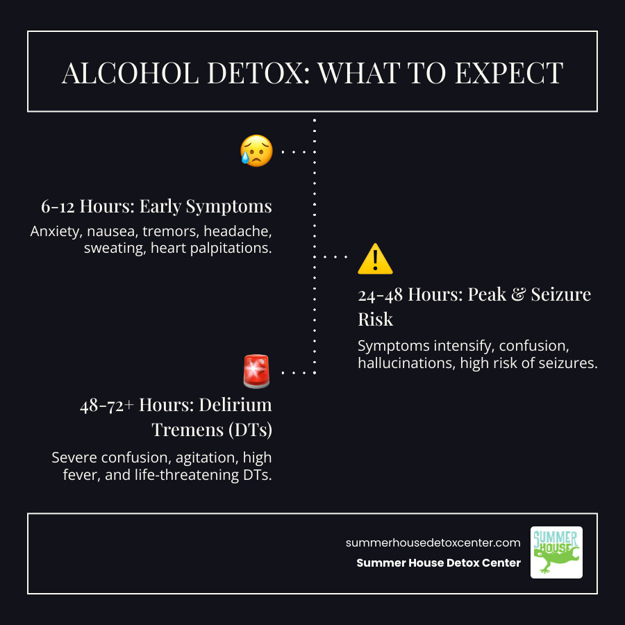 detailed infographic showing the alcohol detox timeline from 0-72+ hours with symptoms at each stage, including early withdrawal symptoms (6-12 hours), peak discomfort period (24-48 hours), and DTs risk period (48-72 hours), plus indicators for when medical help is critical - detoxing from alcohol infographic infographic-line-3-steps-dark detailed infographic showing the alcohol detox timeline from 0-72+ hours with symptoms at each stage, including early withdrawal symptoms (6-12 hours), peak discomfort period (24-48 hours), and DTs risk period (48-72 hours), plus indicators for when medical help is critical - detoxing from alcohol infographic infographic-line-3-steps-dark