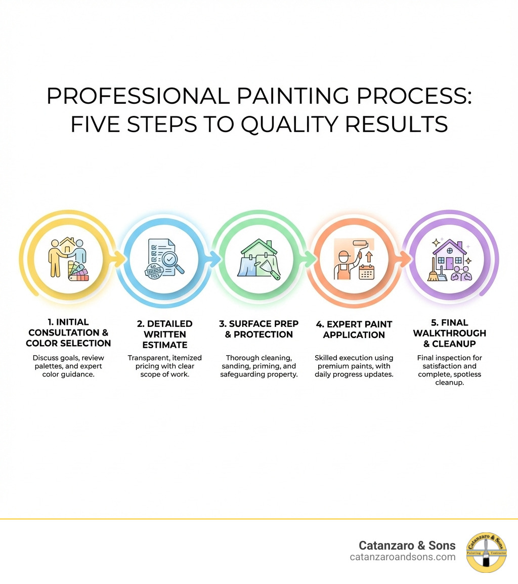 infographic showing the five-step professional painting process: initial consultation and color selection, detailed written estimate with no hidden fees, thorough surface preparation and property protection, expert paint application with daily progress updates, and final walkthrough with complete cleanup - local painting company warren infographic infographic showing the five-step professional painting process: initial consultation and color selection, detailed written estimate with no hidden fees, thorough surface preparation and property protection, expert paint application with daily progress updates, and final walkthrough with complete cleanup - local painting company warren infographic