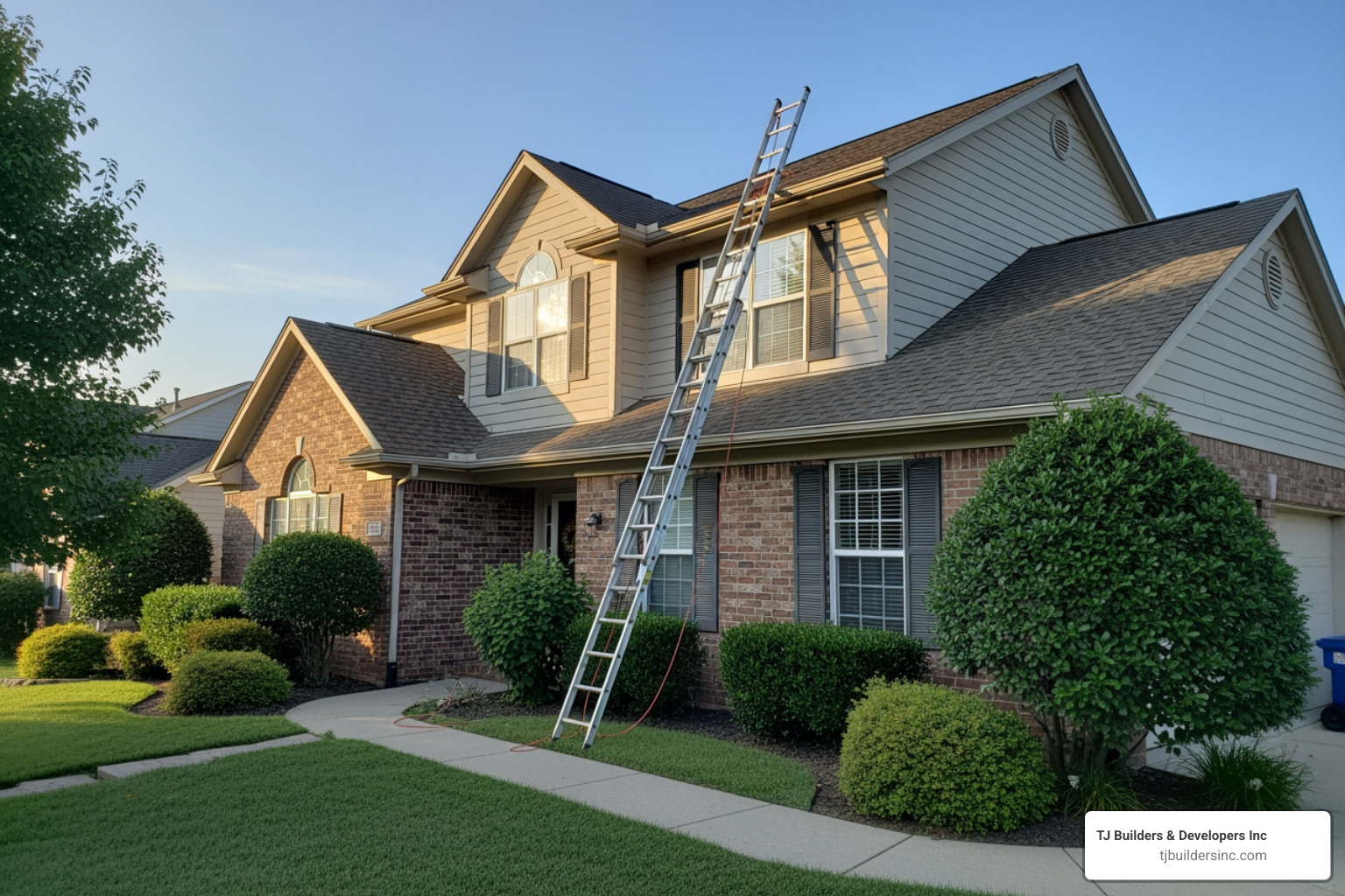 clear yard with ladder safely placed against a house - affordable roof inspection