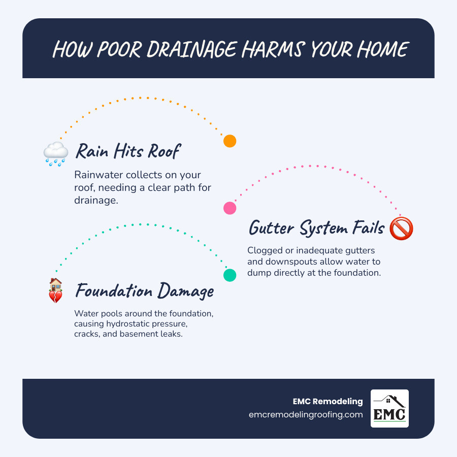 Infographic showing water flow from roof to foundation - property drainage solutions infographic infographic-line-3-steps-blues-accent_colors