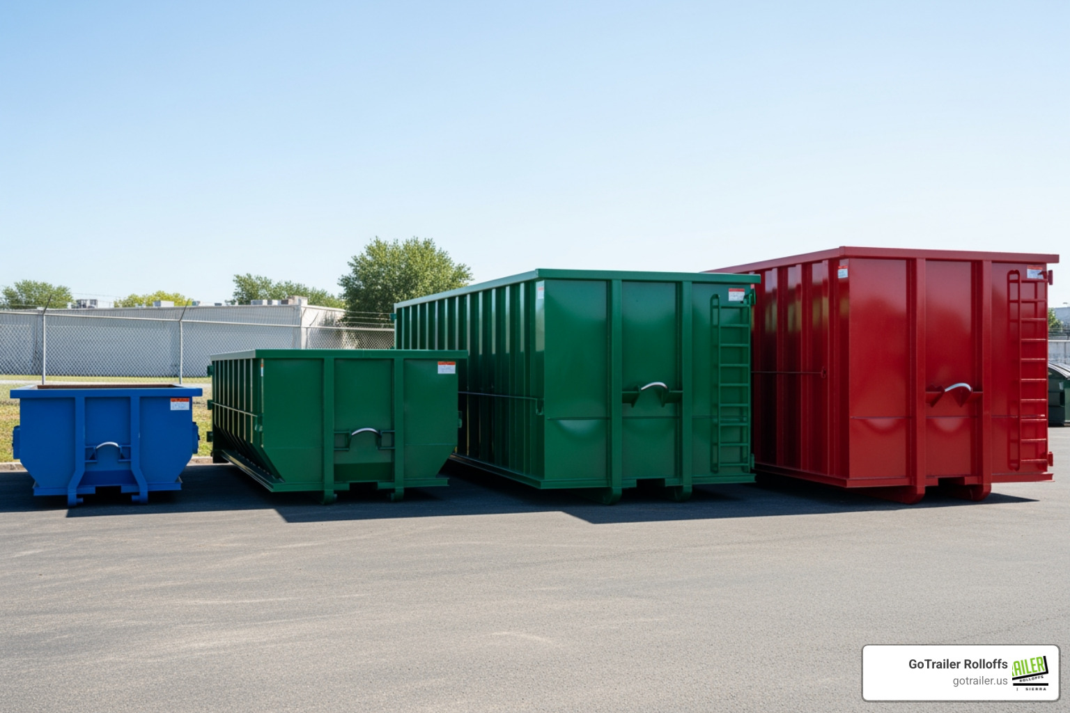 GoTrailer Rolloffs dumpsters of different sizes, including 10, 20, 30, and 40 cubic yard containers, lined up side-by-side for visual comparison - home renovation dumpster GoTrailer Rolloffs dumpsters of different sizes, including 10, 20, 30, and 40 cubic yard containers, lined up side-by-side for visual comparison - home renovation dumpster