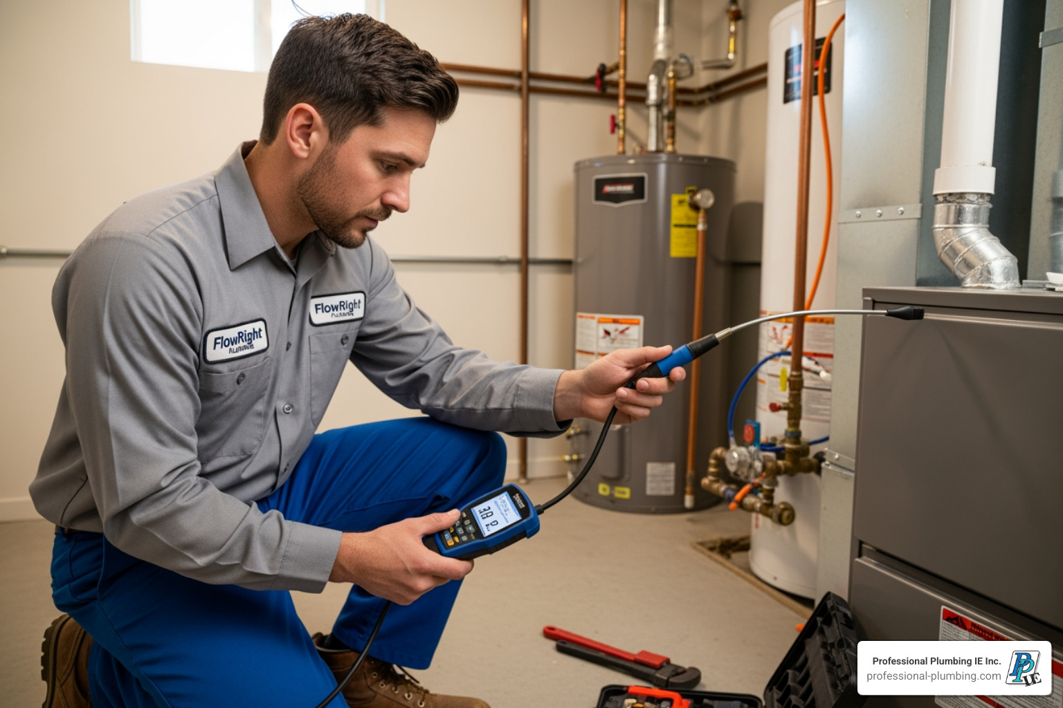 professional plumber using an electronic gas leak detector - gas leak in house repair professional plumber using an electronic gas leak detector - gas leak in house repair