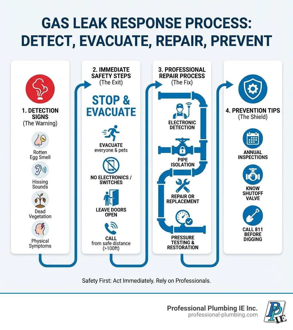 Infographic showing the complete gas leak response process: detection signs including rotten egg smell, hissing sounds, dead vegetation, and physical symptoms; immediate safety steps of evacuate, don't use electronics, call from safe distance; professional repair process of electronic detection, pipe isolation, repair or replacement, pressure testing, and service restoration; prevention tips including annual inspections, knowing shutoff valve location, and calling 811 before digging - gas leak in house repair infographic Infographic showing the complete gas leak response process: detection signs including rotten egg smell, hissing sounds, dead vegetation, and physical symptoms; immediate safety steps of evacuate, don't use electronics, call from safe distance; professional repair process of electronic detection, pipe isolation, repair or replacement, pressure testing, and service restoration; prevention tips including annual inspections, knowing shutoff valve location, and calling 811 before digging - gas leak in house repair infographic