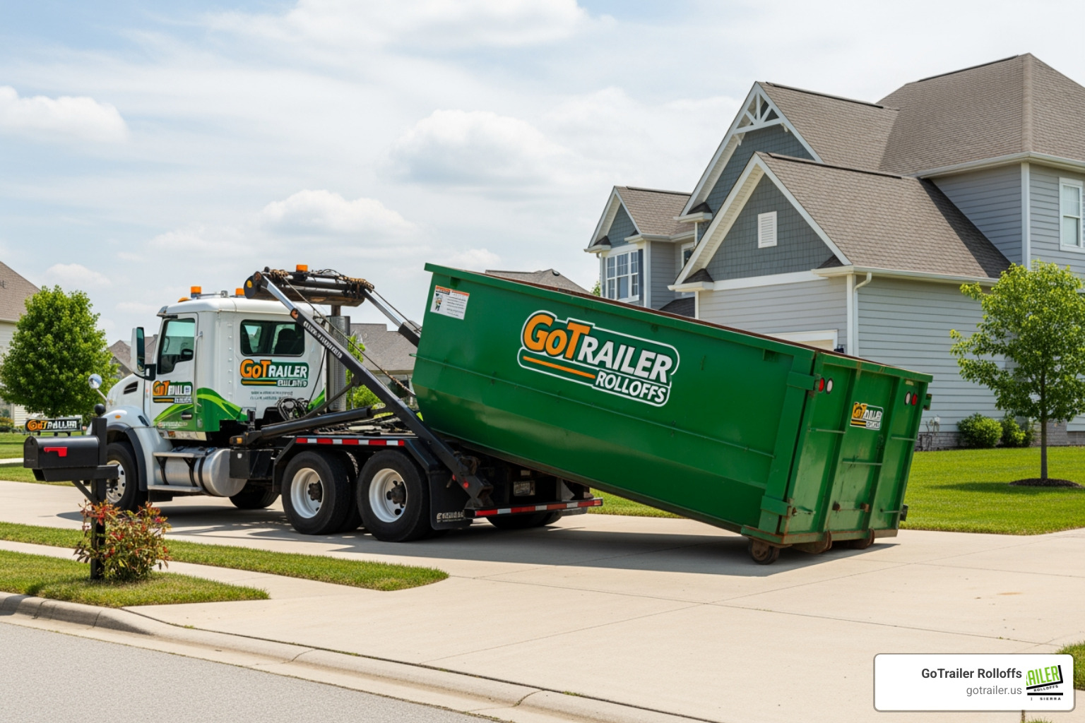 A GoTrailer Rolloffs roll-off truck carefully delivering a dumpster to a residential driveway, demonstrating precise placement - home renovation dumpster A GoTrailer Rolloffs roll-off truck carefully delivering a dumpster to a residential driveway, demonstrating precise placement - home renovation dumpster