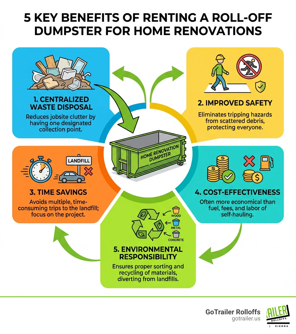 Infographic showing the 5 key benefits of renting a roll-off dumpster for home renovations: centralized waste disposal reduces jobsite clutter, improved safety by eliminating tripping hazards, time savings from avoiding multiple landfill trips, cost-effectiveness compared to hauling waste yourself, and environmental responsibility through proper sorting and recycling of materials - home renovation dumpster infographic Infographic showing the 5 key benefits of renting a roll-off dumpster for home renovations: centralized waste disposal reduces jobsite clutter, improved safety by eliminating tripping hazards, time savings from avoiding multiple landfill trips, cost-effectiveness compared to hauling waste yourself, and environmental responsibility through proper sorting and recycling of materials - home renovation dumpster infographic