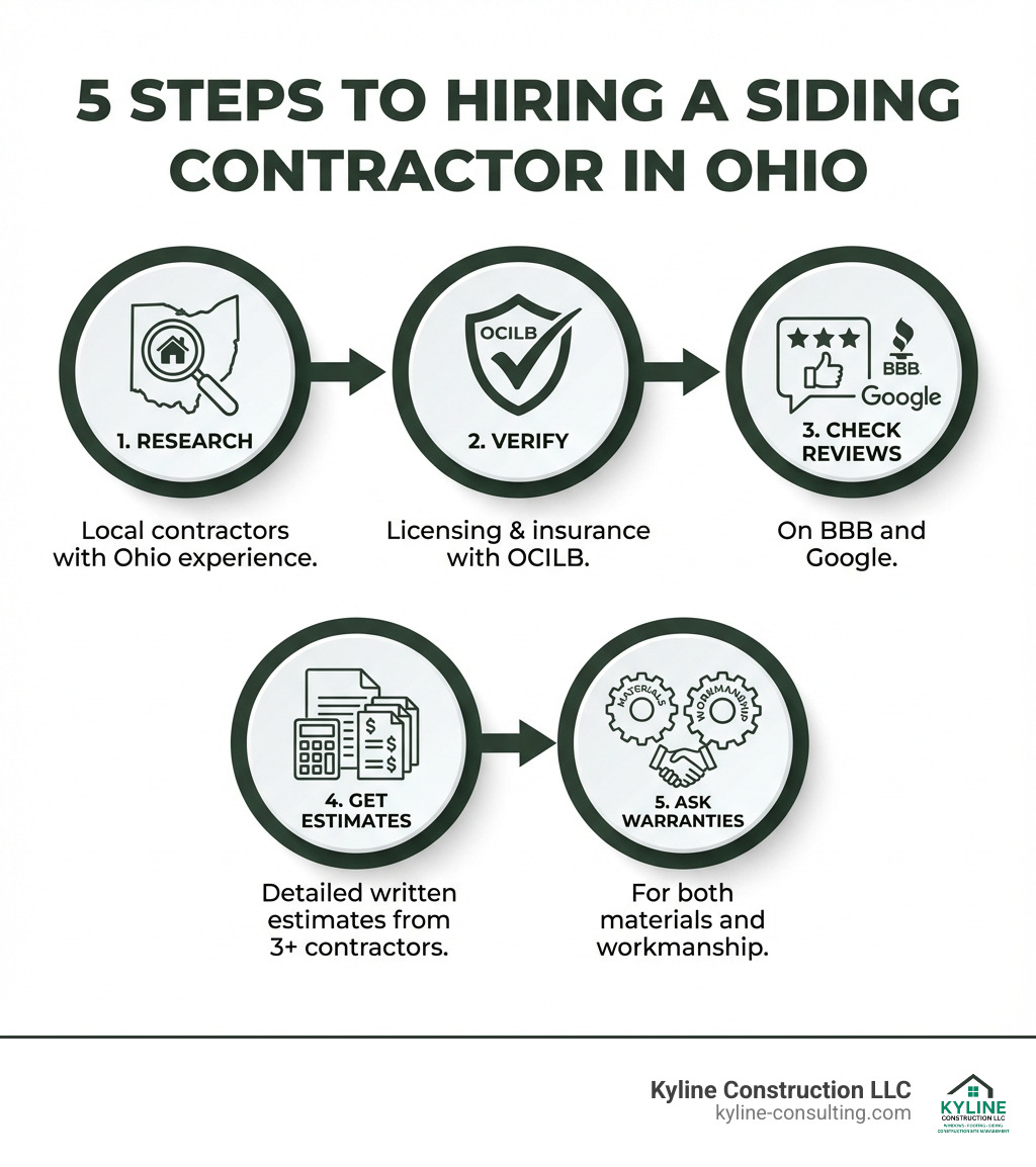 Infographic showing 5 steps to hiring a siding contractor: 1. Research local contractors with Ohio experience, 2. Verify licensing and insurance with OCILB, 3. Check reviews on BBB and Google, 4. Get detailed written estimates from 3+ contractors, 5. Ask about warranties for both materials and workmanship - siding contractors Ohio infographic Infographic showing 5 steps to hiring a siding contractor: 1. Research local contractors with Ohio experience, 2. Verify licensing and insurance with OCILB, 3. Check reviews on BBB and Google, 4. Get detailed written estimates from 3+ contractors, 5. Ask about warranties for both materials and workmanship - siding contractors Ohio infographic