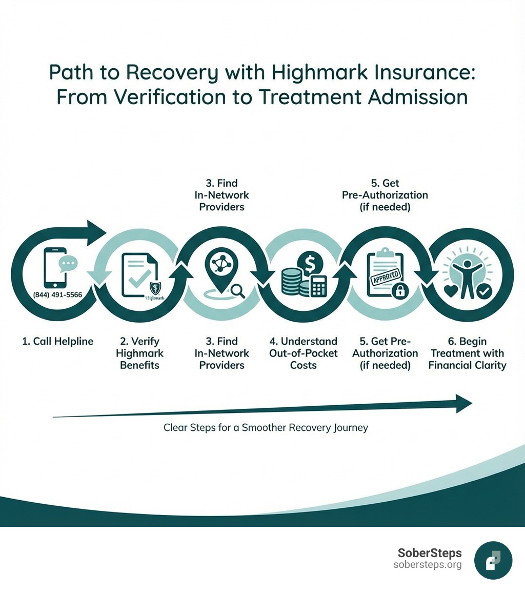 infographic showing the path from insurance verification to treatment admission, including steps: 1) Call helpline at (844) 491-5566, 2) Verify your Highmark benefits, 3) Find in-network providers, 4) Understand your out-of-pocket costs, 5) Get pre-authorization if needed, 6) Begin treatment with financial clarity - Highmark  infographic 