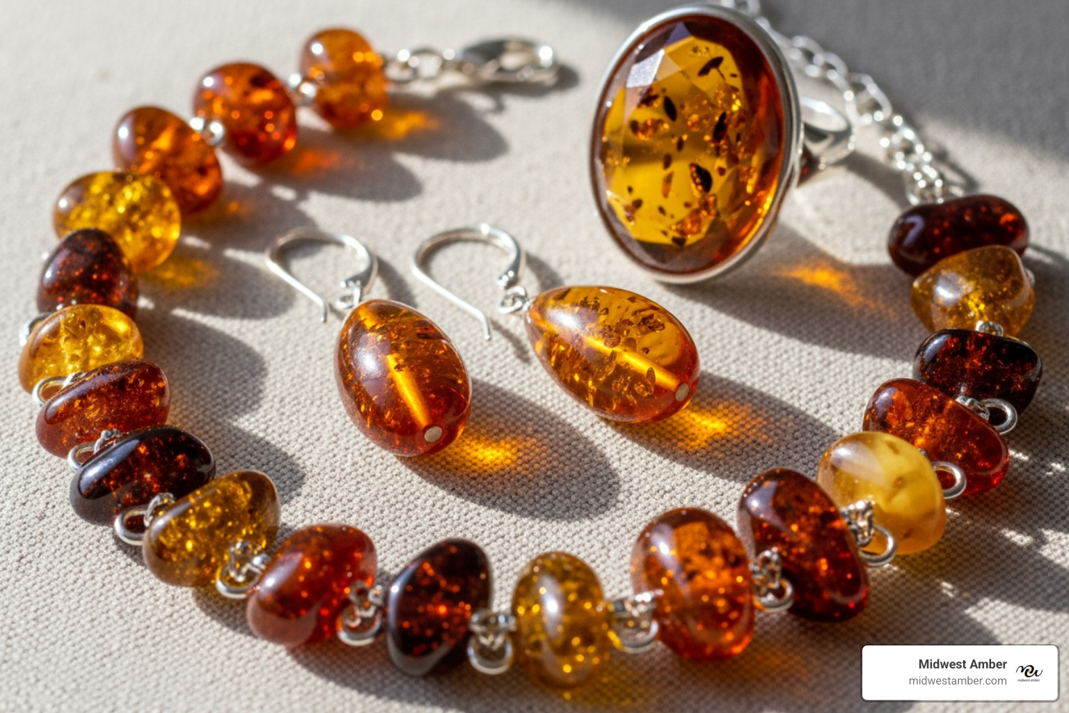 various amber jewelry pieces like earrings, a bracelet, and a ring - amber baltic sea jewelry