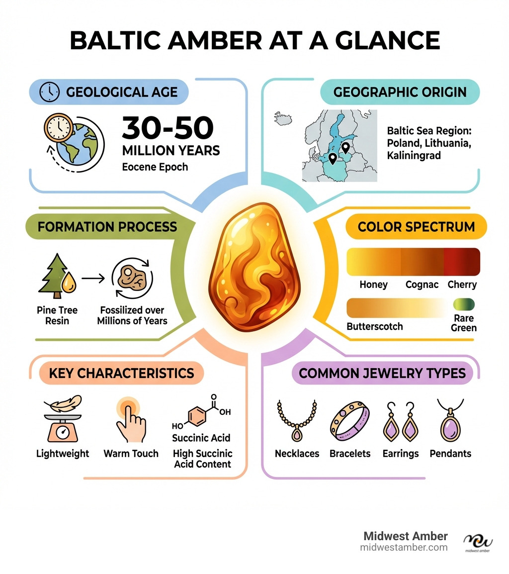 Infographic showing Baltic Amber at a Glance: geological age of 30-50 million years from the Eocene epoch, geographic origin in the Baltic Sea region including Poland Lithuania and Kaliningrad, formation process from pine tree resin fossilized over millions of years, color spectrum ranging from honey and cognac to cherry butterscotch and rare green varieties, key identifying characteristics including lightweight warm touch and high succinic acid content, and common jewelry types such as necklaces bracelets earrings and pendants - amber baltic sea jewelry infographic 