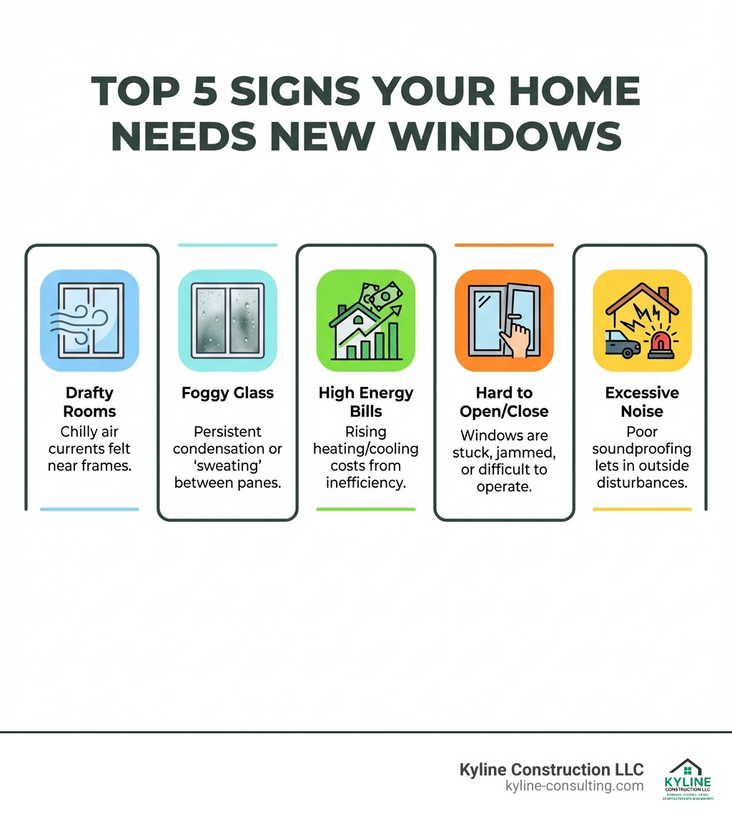 infographic explaining the top 5 signs your home needs new windows, like drafts, condensation, and high energy bills - free window replacement program for seniors infographic 