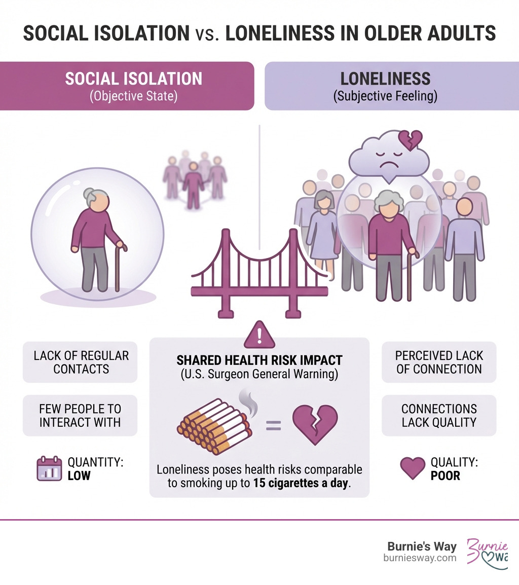 explaining the difference between social isolation (lack of contact) and loneliness (the feeling of being alone) - elderly social interaction infographic 