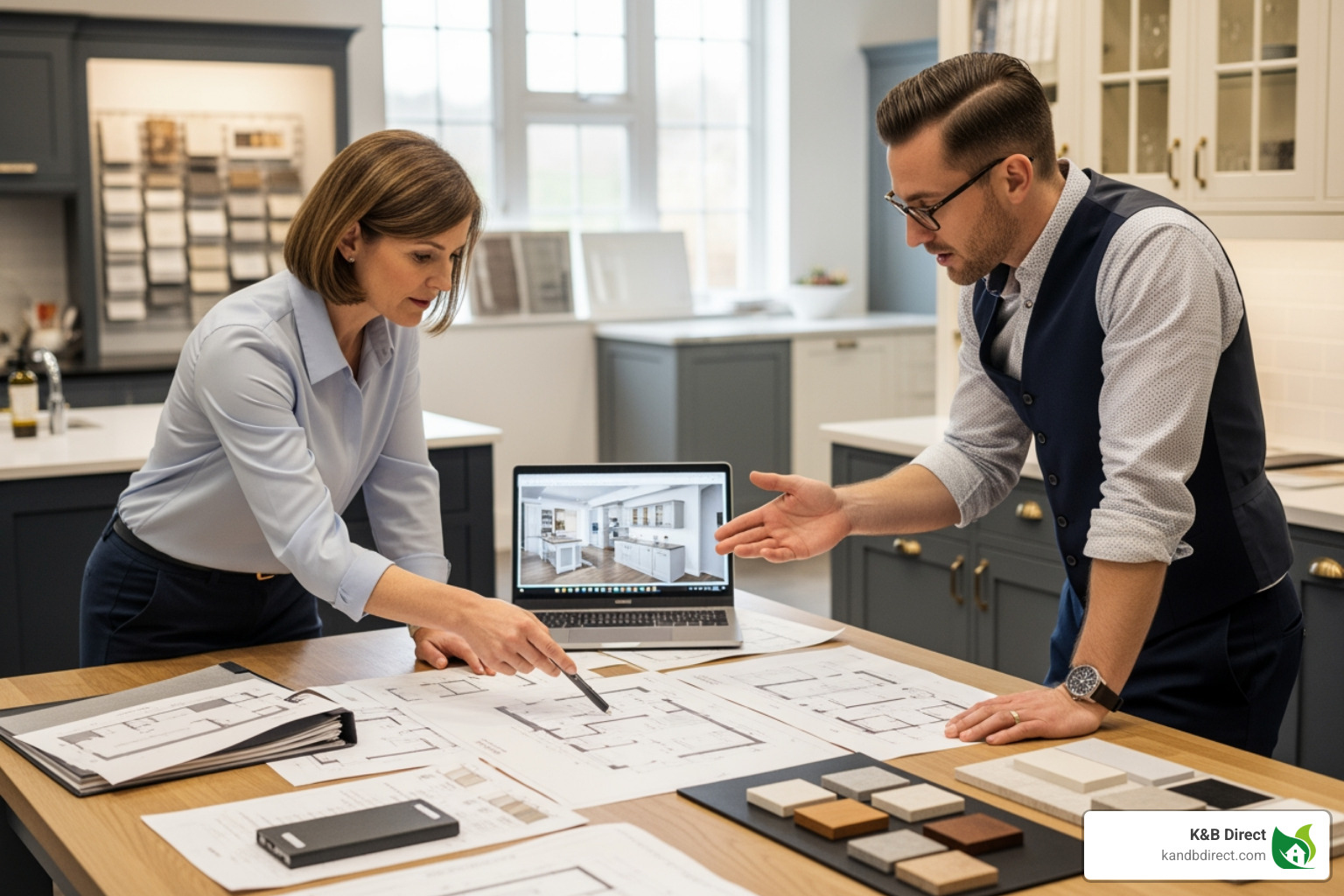 homeowner and designer reviewing cabinet plans - Cabinet installation service