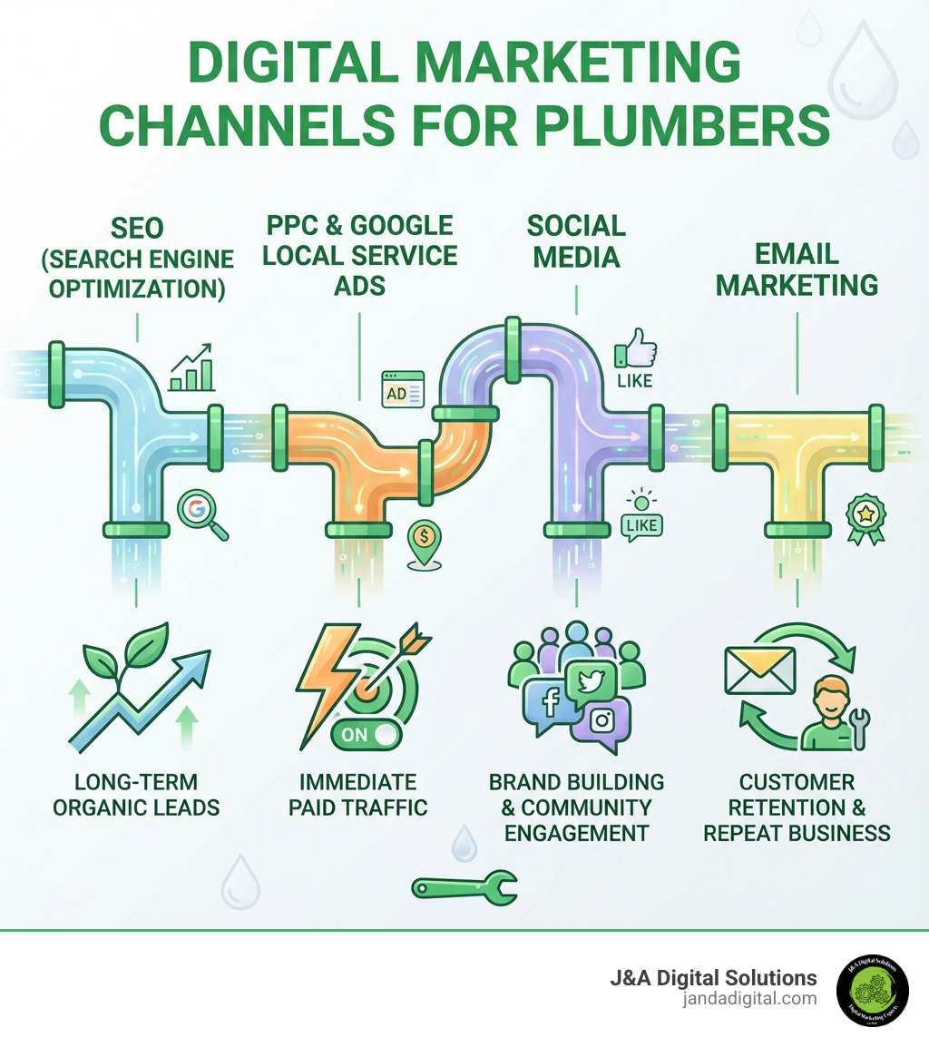 Digital Marketing Channels for Plumbers infographic showing SEO for long-term organic leads, PPC and Google Local Service Ads for immediate paid traffic, Social Media for brand building and community engagement, and Email Marketing for customer retention and repeat business - digital marketing plumbing infographic 