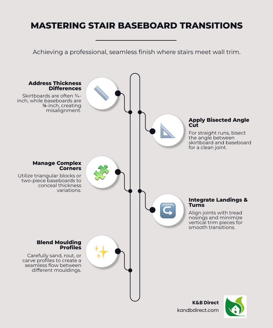 Infographic showing the complete process of baseboard stairs trim transition, including measurements for bisecting angles, a comparison of triangular block method versus two-piece baseboard method, and step-by-step visual guide for handling close corners and landing transitions with labeled components like skirtboard, baseboard, base cap, and miter cuts - baseboard stairs trim transition infographic infographic-line-5-steps-elegant_beige