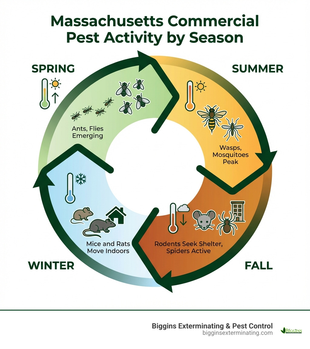Infographic showing Massachusetts commercial pest activity by season: Spring (ants, flies emerging), Summer (wasps, mosquitoes peak), Fall (rodents seeking shelter, spiders active), Winter (mice and rats moving indoors). Includes icons for each pest type and temperature indicators. - massachusetts pest control infographic 