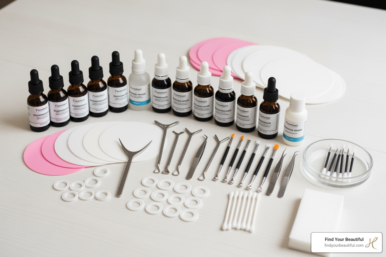 A complete lash lift training kit laid out on a clean surface, featuring various bottles of solutions, silicone pads, tools, and accessories. - lash lift training course A complete lash lift training kit laid out on a clean surface, featuring various bottles of solutions, silicone pads, tools, and accessories. - lash lift training course