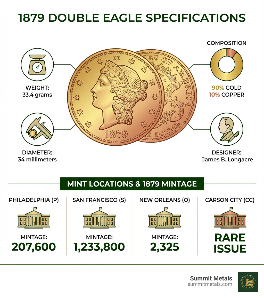 Infographic showing 1879 Double Eagle specifications: Weight 33.4 grams, Diameter 34 millimeters, Composition 90% Gold and 10% Copper, Designer James B. Longacre, Four mint locations in 1879 with Philadelphia 207,600 mintage, San Francisco 1,233,800 mintage, New Orleans 2,325 mintage, and Carson City rare issue - 1879 double eagle infographic 