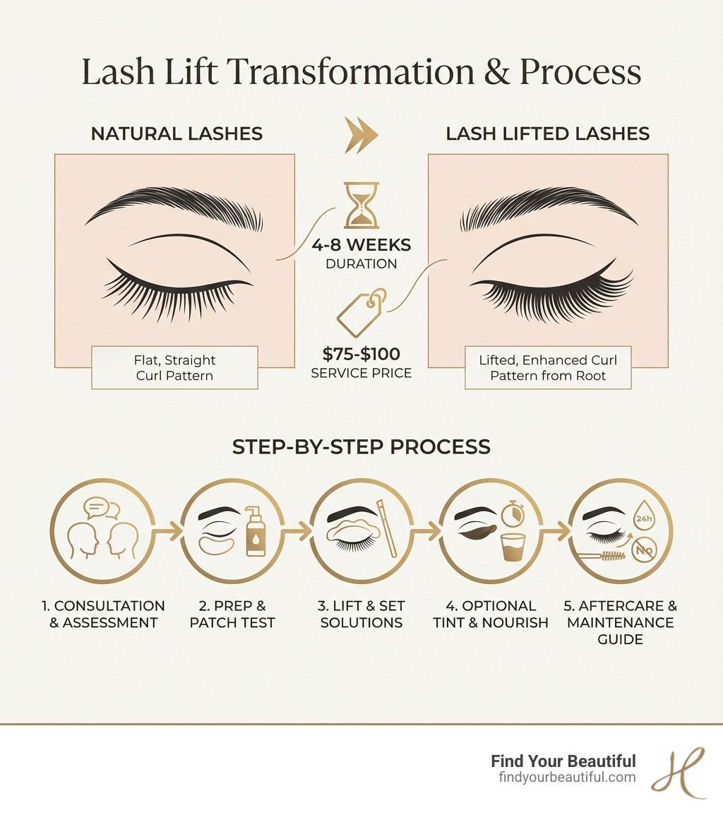 Infographic showing the difference between natural lashes and lash lifted lashes, including curl pattern comparison, typical duration of 4-8 weeks, service pricing of $75-$100, and the step-by-step process from consultation through aftercare - lash lift training course infographic Infographic showing the difference between natural lashes and lash lifted lashes, including curl pattern comparison, typical duration of 4-8 weeks, service pricing of $75-$100, and the step-by-step process from consultation through aftercare - lash lift training course infographic