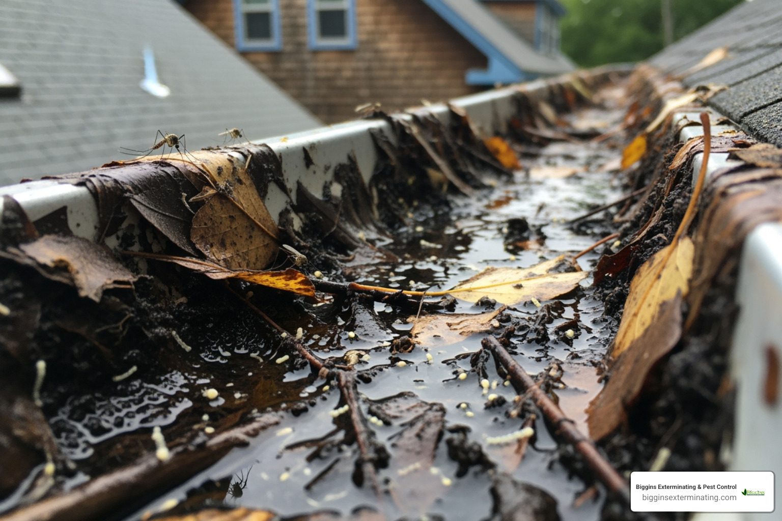 clogged gutter with standing water, a common mosquito breeding site in Massachusetts - Burlington mosquito removal