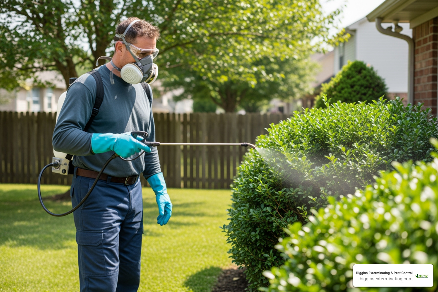 licensed technician applying a barrier spray to shrubbery in a residential yard - Burlington mosquito removal
