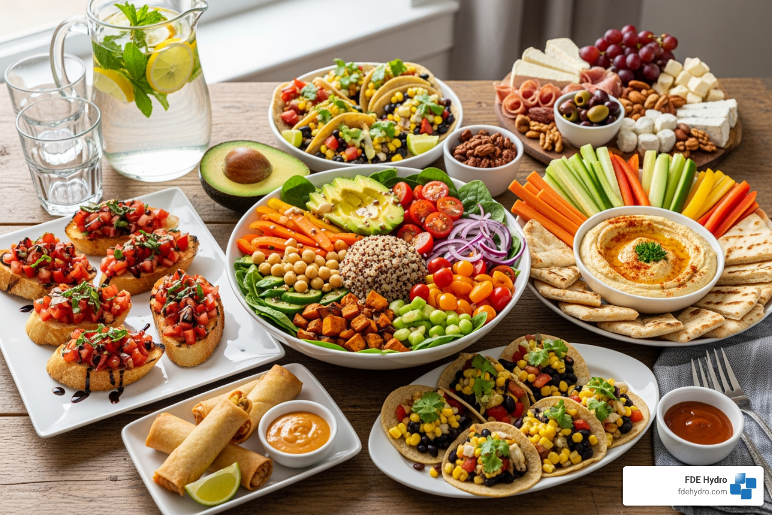 a colorful spread of plant-based foods - low environmental impact