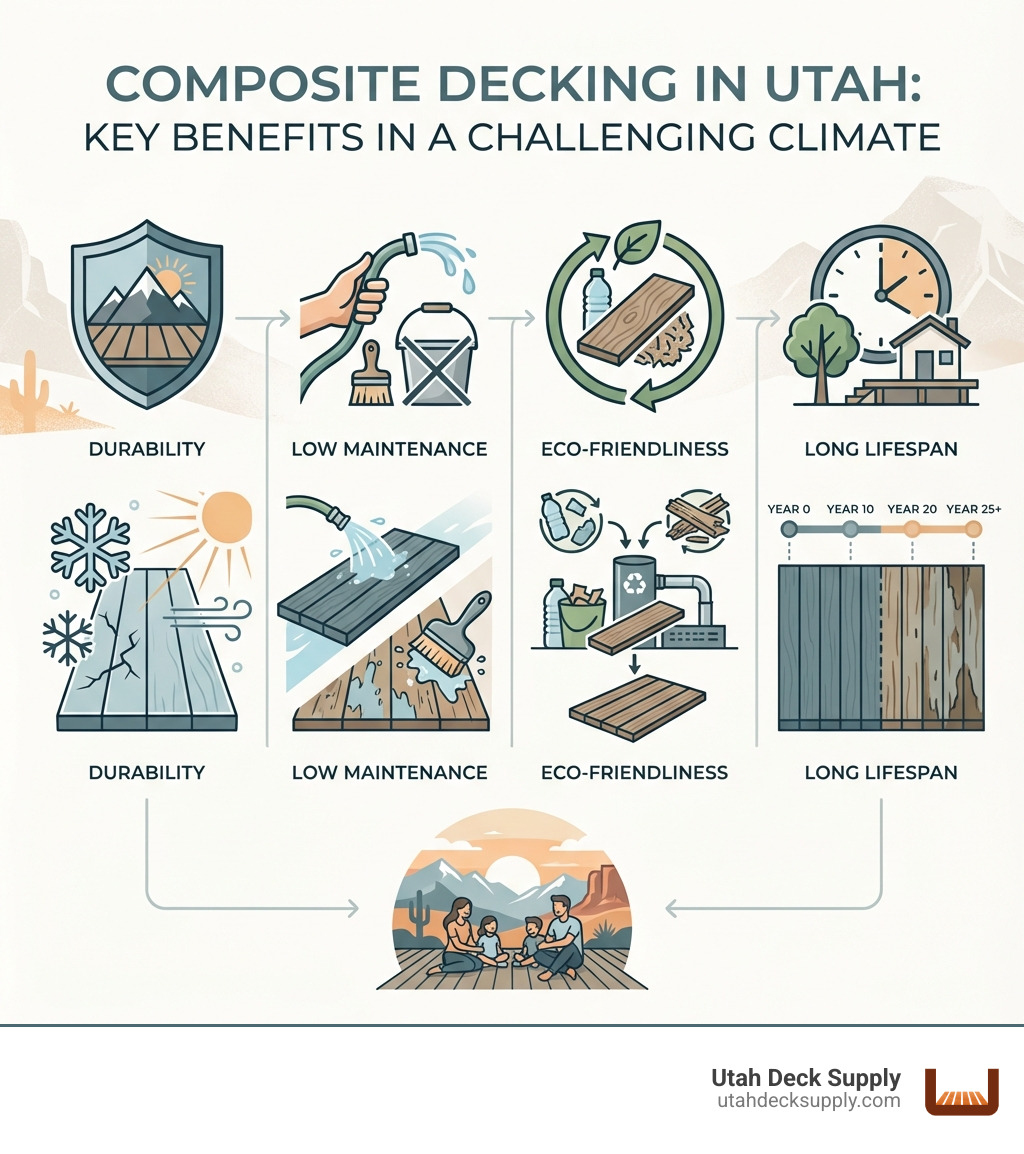 Infographic showing key benefits of composite decking in Utah's climate, including durability, low maintenance, eco-friendliness, and long lifespan. - composite decking Utah infographic 