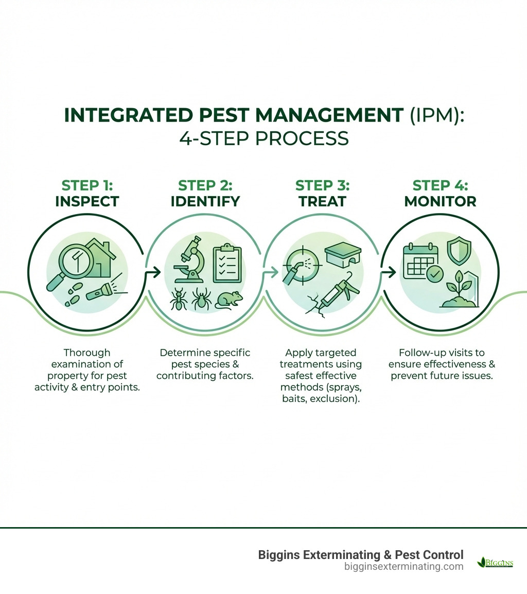 Infographic showing the four steps of Integrated Pest Management: Step 1 - Inspect (thorough examination of property for pest activity and entry points), Step 2 - Identify (determine specific pest species and contributing factors), Step 3 - Treat (apply targeted treatments using safest effective methods including sprays, baits, and exclusion), Step 4 - Monitor (follow-up visits to ensure effectiveness and prevent future issues) - general pest control treatment infographic 