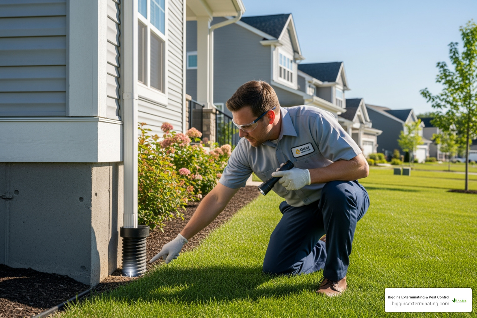 professional technician inspecting the exterior foundation of a home - general pest control treatment
