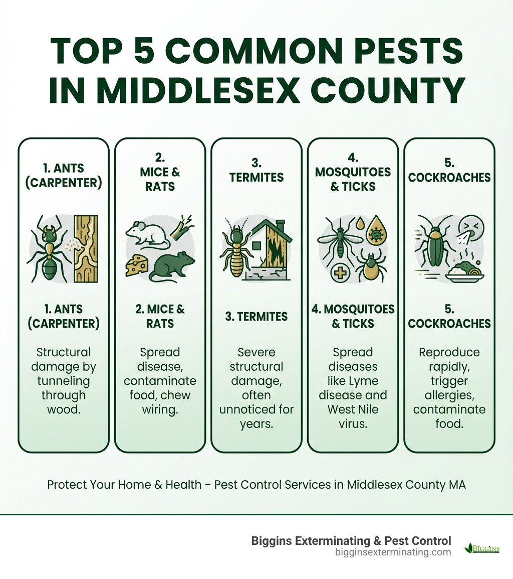 Infographic showing the top 5 most common pests in Middlesex County: 1. Ants (especially carpenter ants) - cause structural damage by tunneling through wood; 2. Mice and Rats - spread disease, contaminate food, chew wiring; 3. Termites - cause severe structural damage, often unnoticed for years; 4. Mosquitoes and Ticks - spread diseases like Lyme disease and West Nile virus; 5. Cockroaches - reproduce rapidly, trigger allergies, contaminate food. Each pest shown with icon and brief description of problems caused. - Pest Control Services in Middlesex County MA infographic 