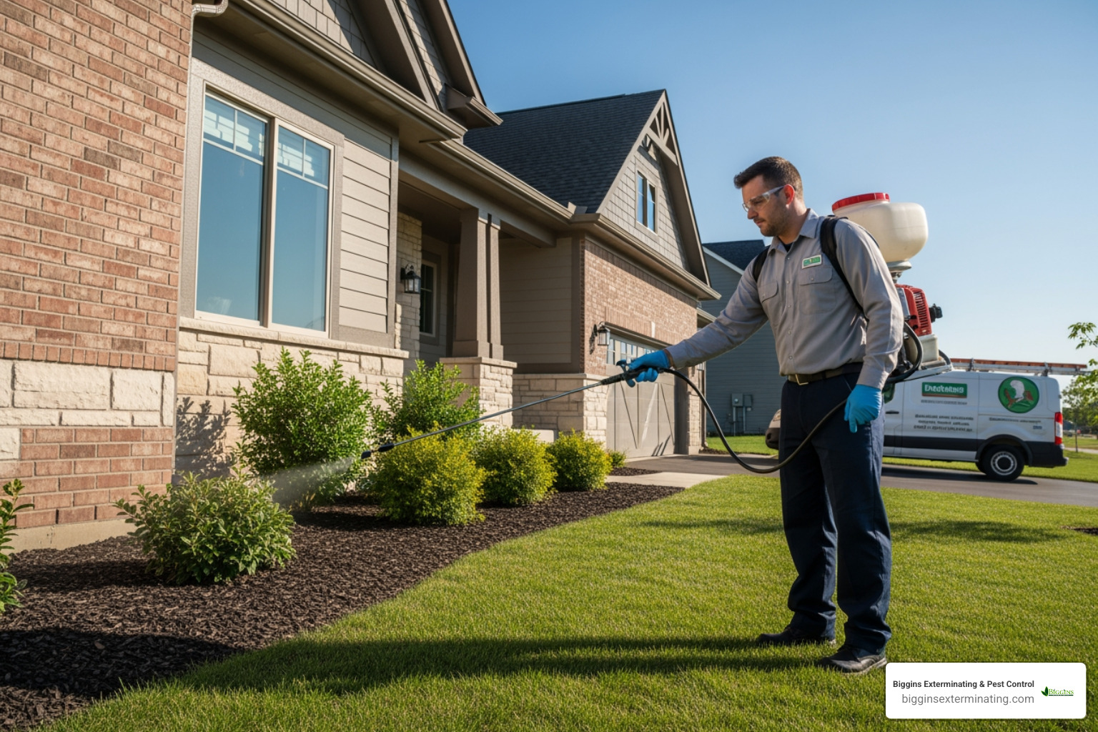 Technician safely treating the exterior of a home in Wilmington, MA - Pest Control Services in Middlesex County MA