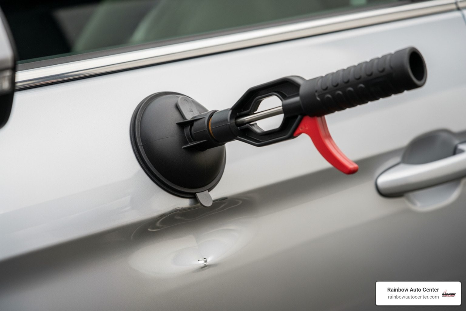 A large suction cup dent puller firmly attached to a car door, pulling out a shallow dent - auto dent pullers