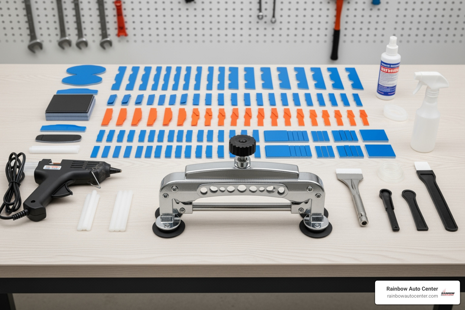 A complete glue tab dent puller kit laid out on a clean workbench, showing various tabs, a glue gun, and a bridge lifter - auto dent pullers