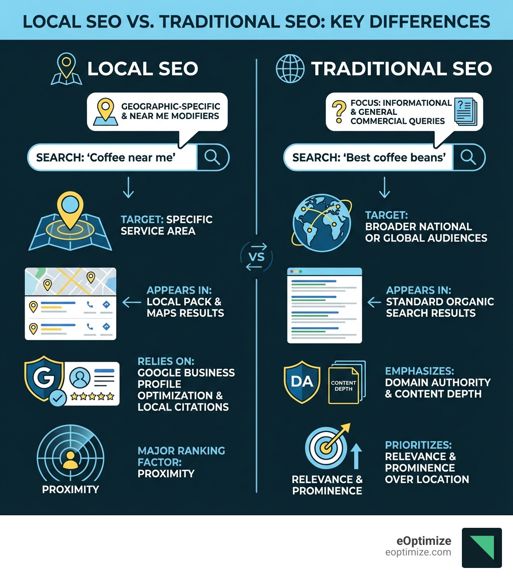 Infographic showing the key differences between Local SEO and Traditional SEO: Local SEO focuses on geographic-specific searches with location modifiers like 'near me', targets customers in a specific service area, appears in Google's Local Pack and Maps results, relies heavily on Google Business Profile optimization and local citations, and uses proximity as a major ranking factor. Traditional SEO targets broader national or global audiences, focuses on informational and general commercial queries, appears in standard organic search results, emphasizes domain authority and content depth, and prioritizes relevance and prominence over geographic location. - Local SEO services infographic 