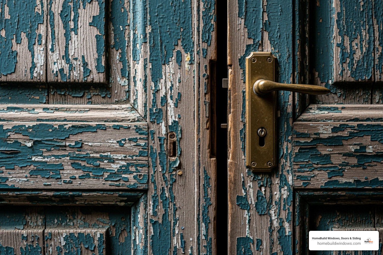 visibly warped and cracked old wooden door with peeling paint - Door replacement near me