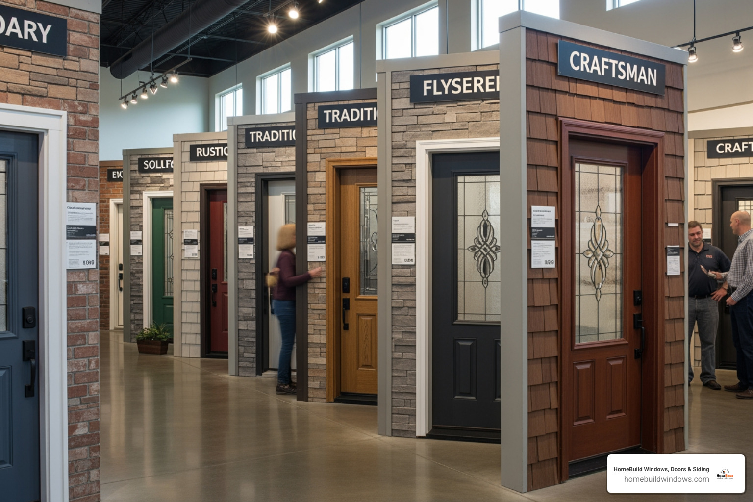 showroom with various door styles and materials on display - Door replacement near me