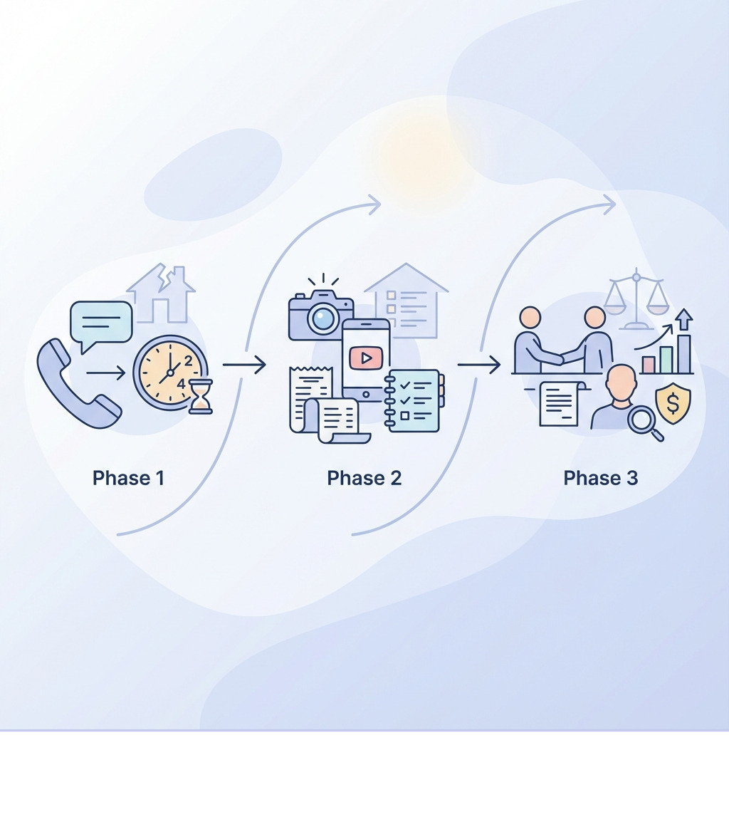 infographic showing three phases: Phase 1 Report the loss to your insurer within 24-48 hours, Phase 2 Document all damage with photos videos receipts and home inventory, Phase 3 Settle the claim by negotiating with your insurer or hiring a public adjuster to maximize your payout - property loss claim infographic infographic showing three phases: Phase 1 Report the loss to your insurer within 24-48 hours, Phase 2 Document all damage with photos videos receipts and home inventory, Phase 3 Settle the claim by negotiating with your insurer or hiring a public adjuster to maximize your payout - property loss claim infographic