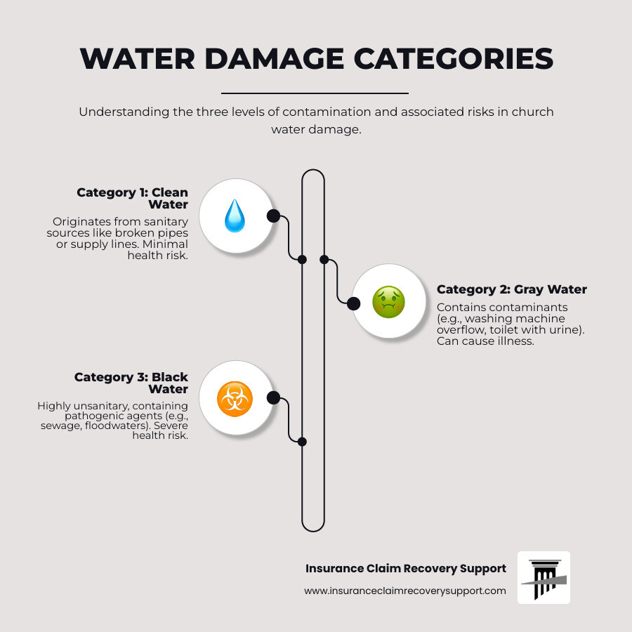 Infographic showing three categories of water damage: Category 1 Clean Water from broken pipes or supply lines, Category 2 Gray Water with contaminants from appliances or toilets, and Category 3 Black Water with harmful bacteria from flooding or sewage, with increasing severity and health risks - Church water damage infographic infographic-line-3-steps-elegant_beige Infographic showing three categories of water damage: Category 1 Clean Water from broken pipes or supply lines, Category 2 Gray Water with contaminants from appliances or toilets, and Category 3 Black Water with harmful bacteria from flooding or sewage, with increasing severity and health risks - Church water damage infographic infographic-line-3-steps-elegant_beige