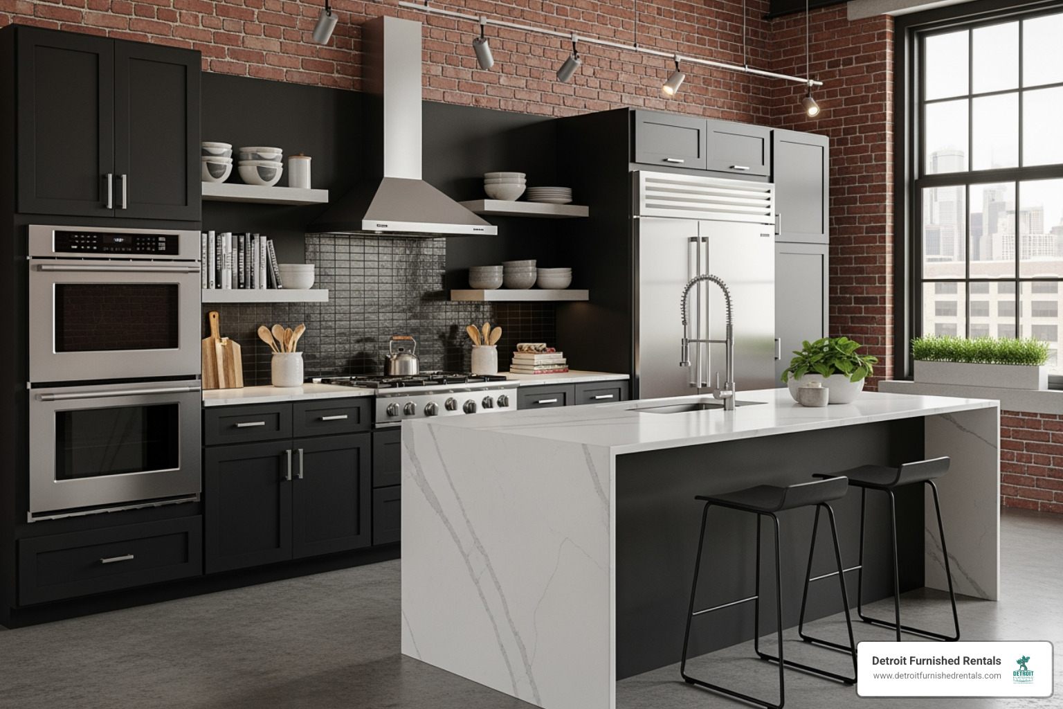 fully equipped kitchen in a modern Detroit loft - furnished rentals near hospitals Detroit