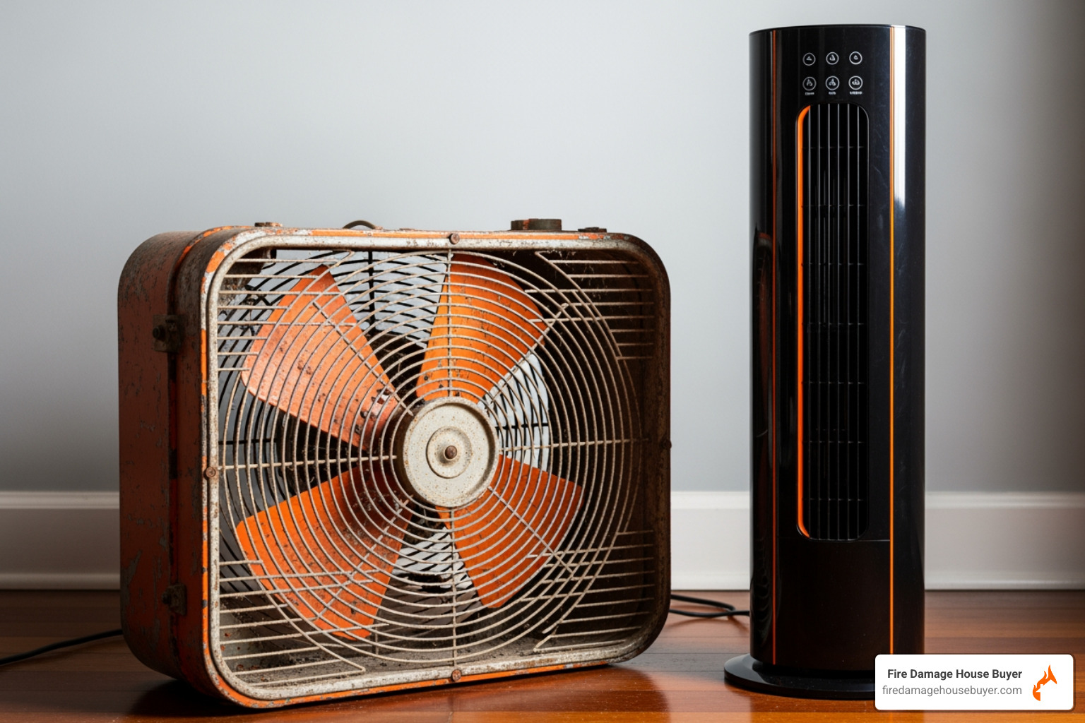 An old, dusty box fan next to a sleek, modern tower fan - can leaving a fan on all night cause a fire An old, dusty box fan next to a sleek, modern tower fan - can leaving a fan on all night cause a fire