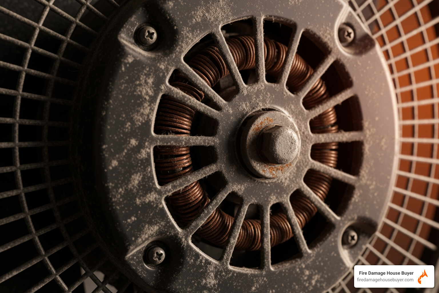 Close-up on a fan's dusty motor housing - can leaving a fan on all night cause a fire Close-up on a fan's dusty motor housing - can leaving a fan on all night cause a fire