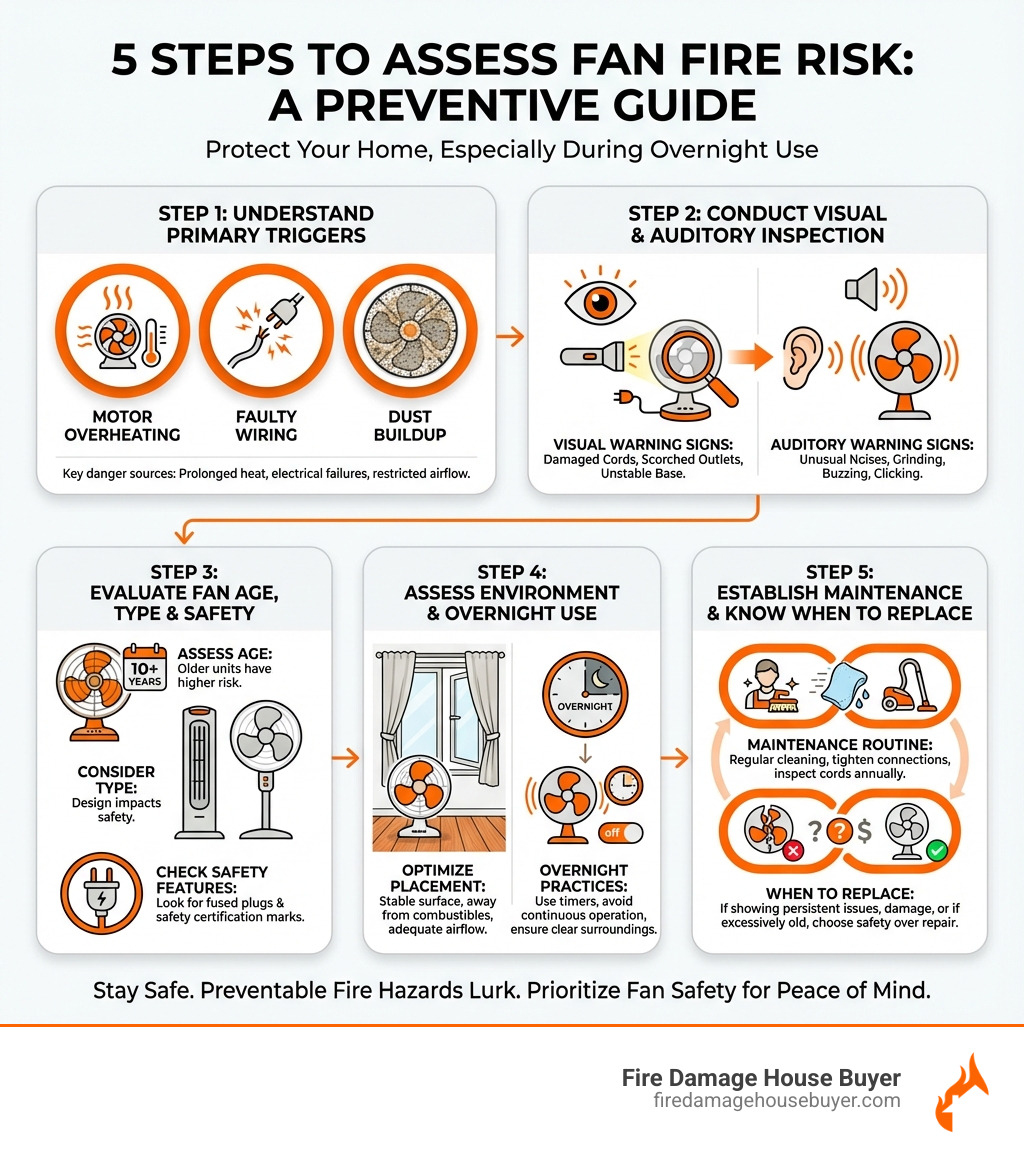 Infographic showing 5 steps to assess fan fire risk - can leaving a fan on all night cause a fire Infographic showing 5 steps to assess fan fire risk - can leaving a fan on all night cause a fire