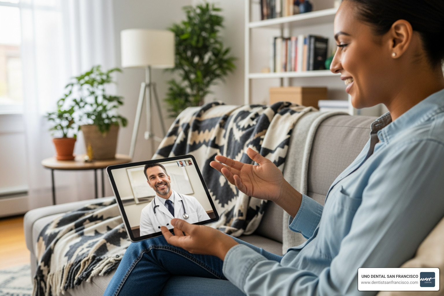 A person comfortably talking to a dentist from their living room on a tablet, smiling - ask a dentist online A person comfortably talking to a dentist from their living room on a tablet, smiling - ask a dentist online